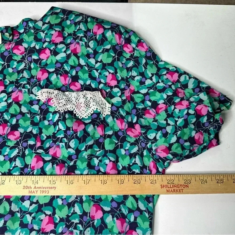 Annabelle Croft Vintage Midi Dress 12 Green Pink Short Sleeve Button Zip Closure - Picture 9 of 10